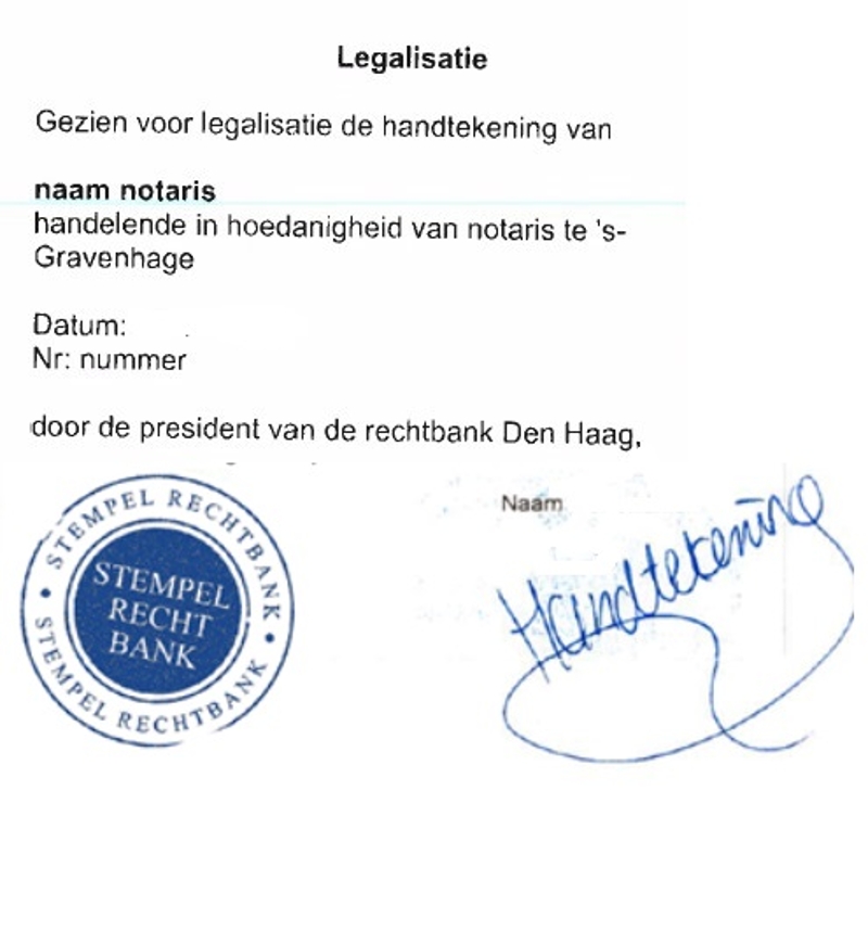 Voorbeeld van een legalisatie uitgegeven door de rechtbank Den Haag.