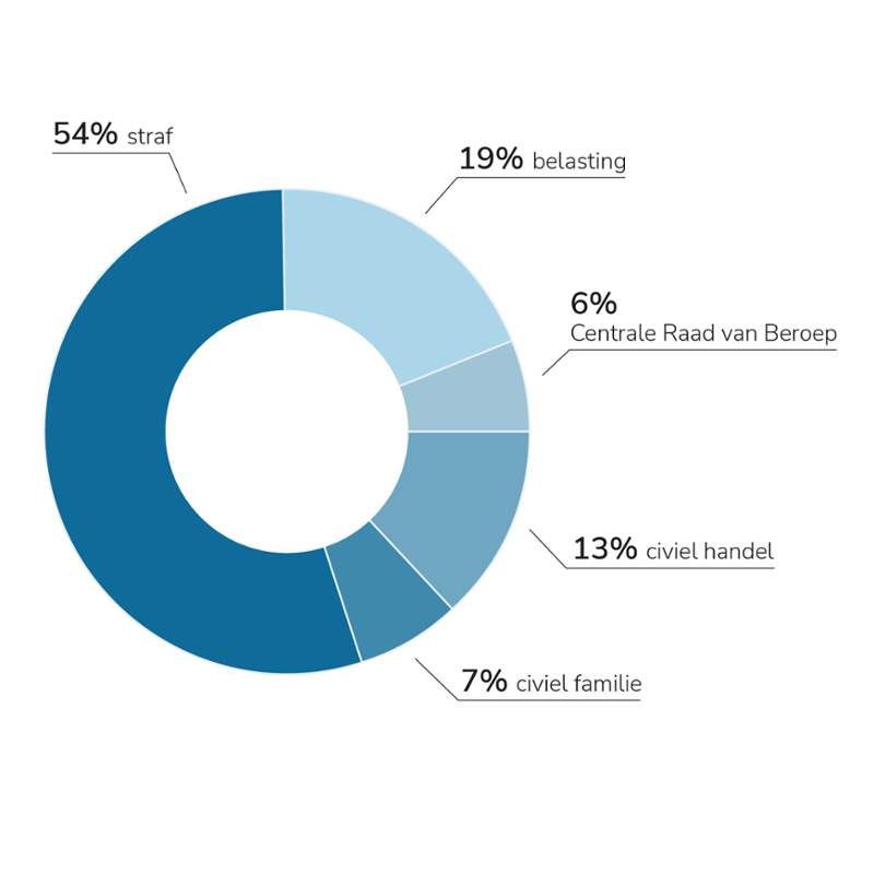Van de binnengekomen zaken bij gerechtshoven was 54% straf, 19% belasting, 6% Centrale Raad van Beroep, 13% civiel handel, 7% civiel familie.