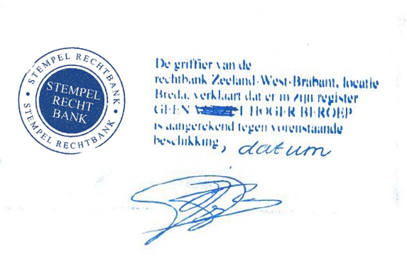Voorbeeld van een stempel verklaring non-appèl die door de griffie wordt geplaatst