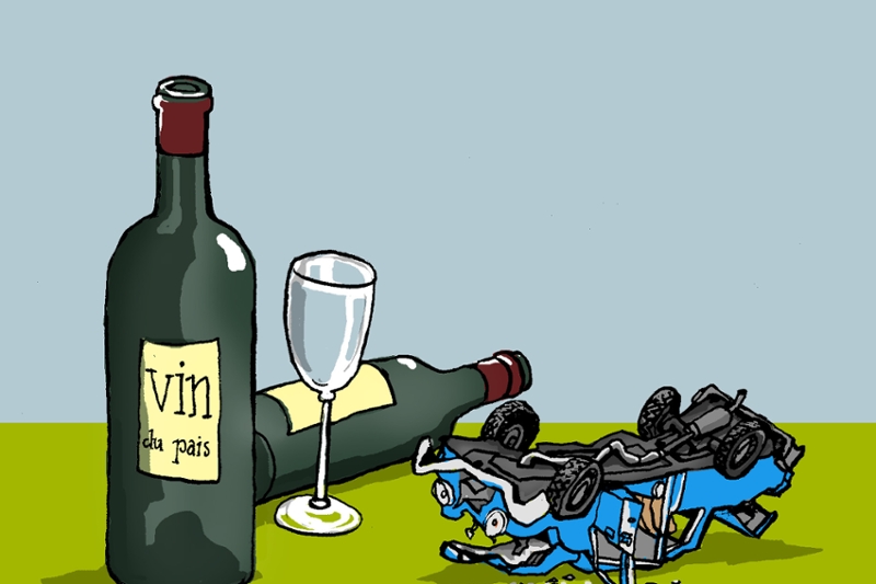 Tekening met twee wijnflessen en een auto ondersteboven in de kreukels