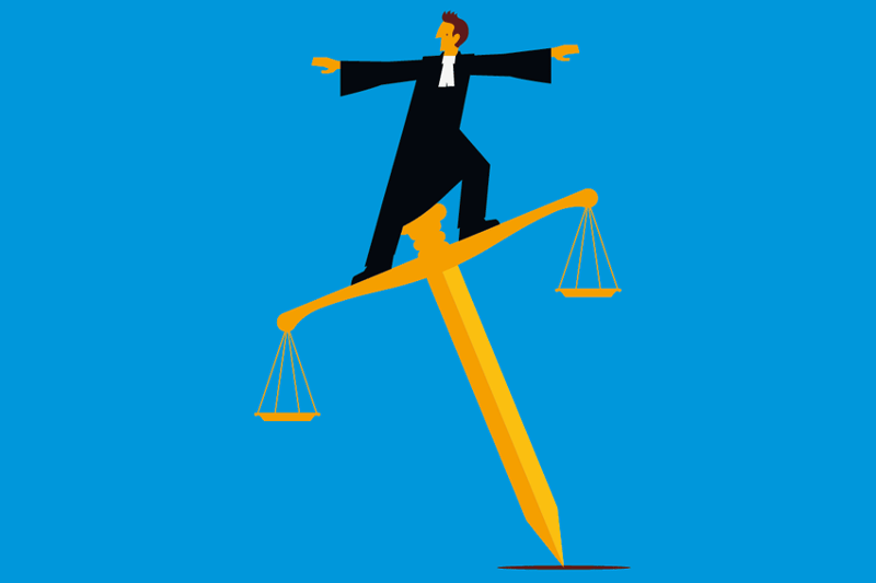 Tekening van rechter balancerend op zwaard van gerechtigheid op het zwaard van justitie