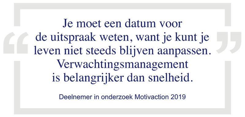 Je moet een datum voor de uitspraak weten, want je kunt je leven niet steeds blijven aanpassen. Verwachtingsmanagement is belangrijker dan snelheid – deelnemer in onderzoek Motivaction 2019.